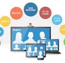 BlueJeans Video Conferencing Virtual Meeting Spaces showing Room video system, laptop, desktop, tablet and smartphone with Cisco Polycom LifeSize Lync and Google bubbles around