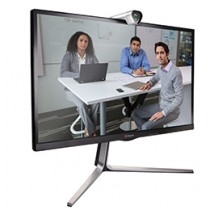 Polycom RealPresence Group Convene with Acoustic Camera on top and 3 people on display