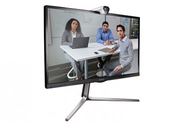 Polycom RealPresence Group Convene with Acoustic Camera on top and 3 people on display