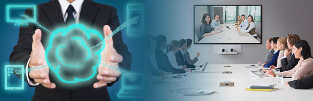 Business man holding onto Cloud fades into group of business people having video conference