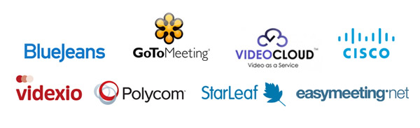 Cloud VMR providers Logos - BlueJeans GoToMeeting, VideoCloud, Videxio, Cisco, Easymeeting, Starleaf
